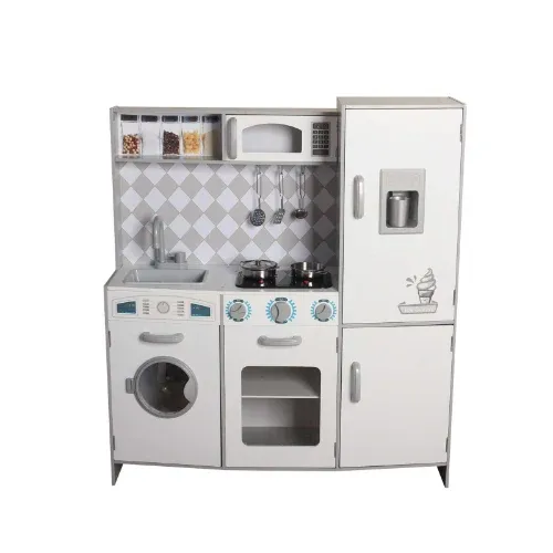 מטבח אלקטרוני מעץ עם מכונת קרח, מדיח, כלים וסט בישול